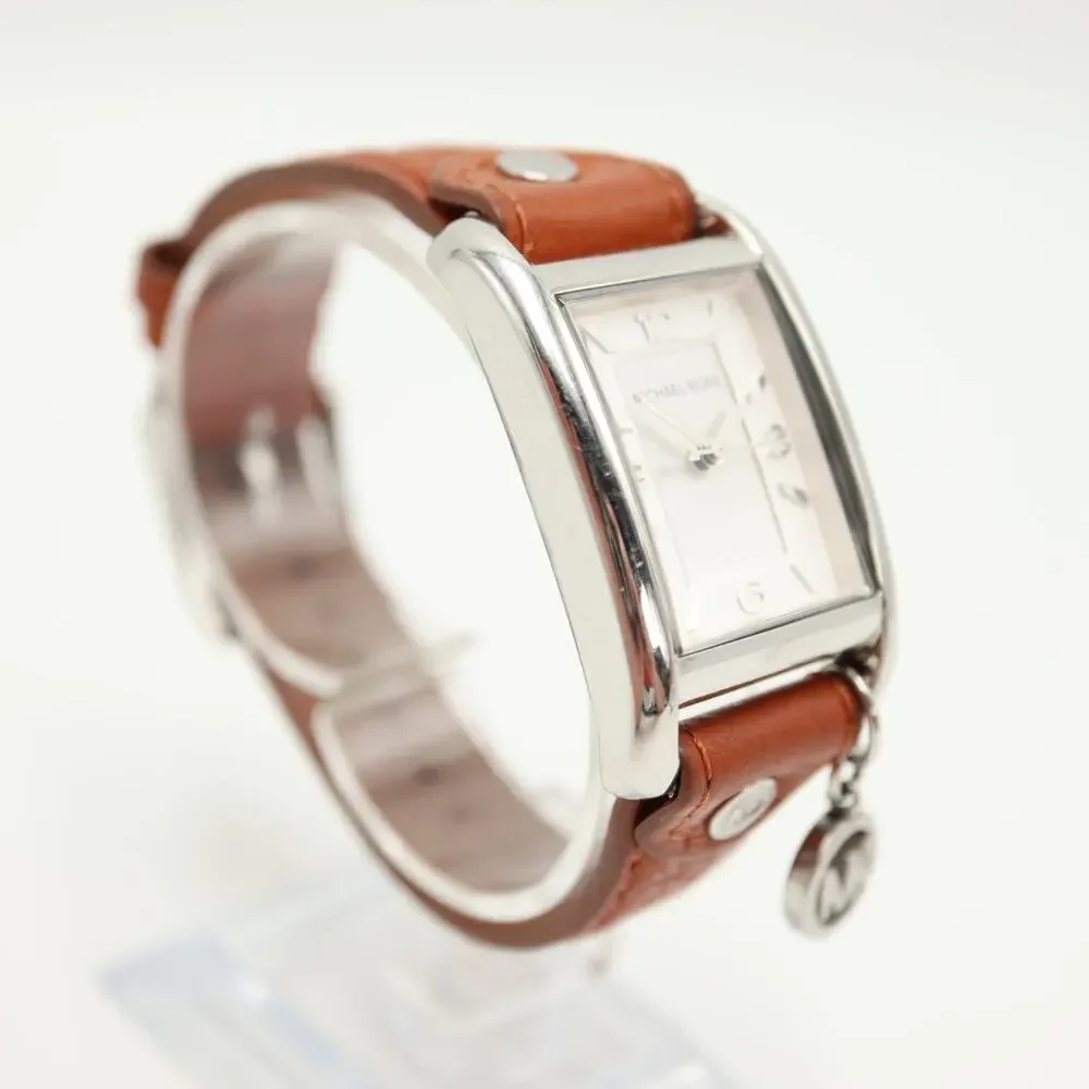 Michael Kors Taylor Tank 26mm Silver Tone Watch Brown Leather w New Battery